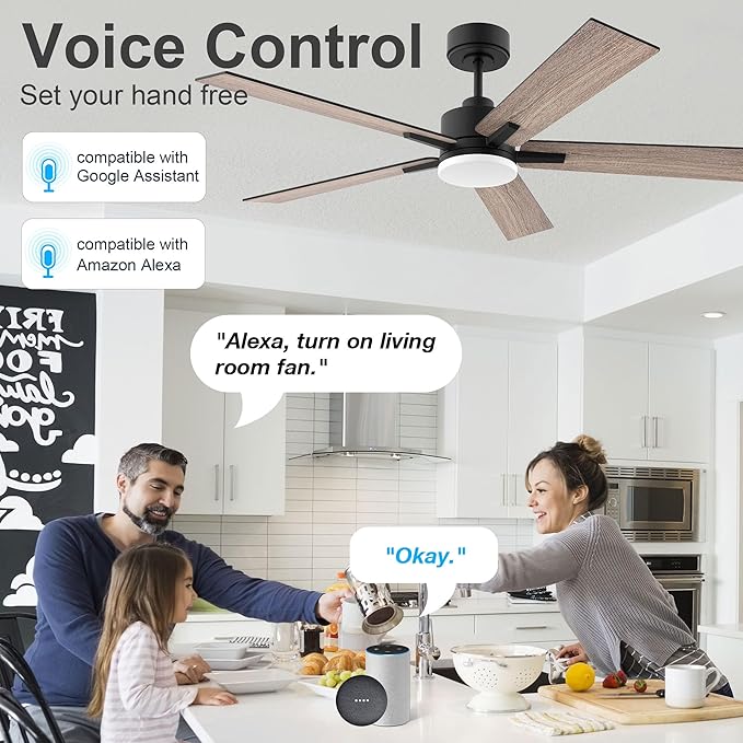 52” Smart Ceiling Fan with Lights Remote,Ultra Silent DC Motor,Control via Alexa Google Voice App Wifi,Outdoor Indoor Modern Ceiling Fans for Bedroom Patio Porch,Dimmable,Black Walnut Brown