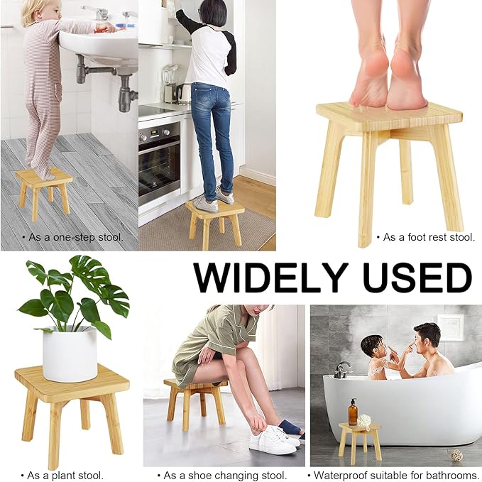 Bamboo Wood Step Stools for Kids Adults - Small Step Stool - Bedside Bed Steps Foot Stool for High Beds Great for Kitchen Bathroom Bedroom Anti-slip 350 Lbs Capacity (Large Square)