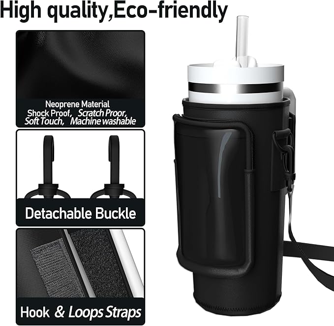 Water Bottle Carrier Bag with Phone Pocket for 40oz Tumbler with Handle, Adjustable Strap Neoprene Water Bottle Sleeve Pouch for Hiking Camping Travelling. (Black)