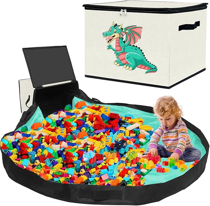 homyfort Toy Storage Organizer & Play Mat - Large Toy Storage Box Basket Bin for Kids Boys Girls Building Bricks/Blocks, Nursery, Playroom (Beige)