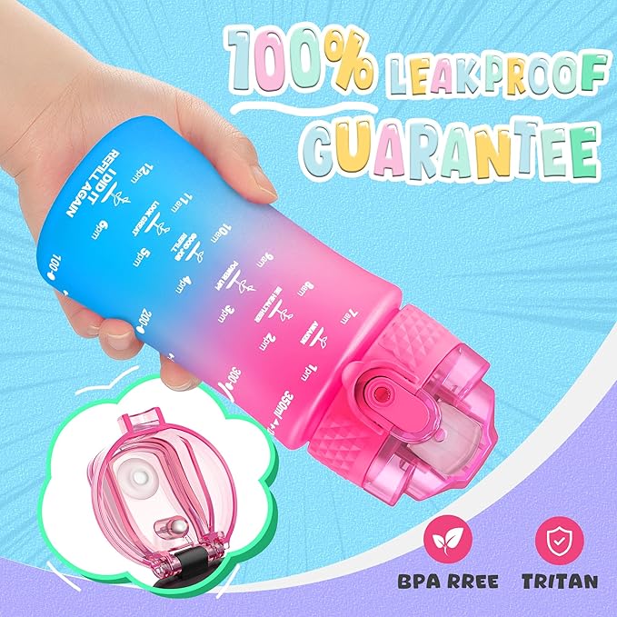 OLDLEY Kids Water Bottle for School, 12 oz (2 lids) BPA-Free Reusable Leak-Proof Durable Tritan Plastic Water Bottles with Straw & Chug Lids, Anti-dust Spout Cover (Rose Blue)