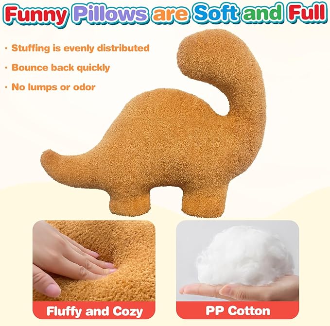 Dino Nuggets Pillow, Dinosaur Chicken Nuggets Plush Funny Gifts for Teen Boys Girls, Fun Throw Pillows Cute Room Decor for Teens Dinosaur Gifts (Large, Brontosaurus Style 2)