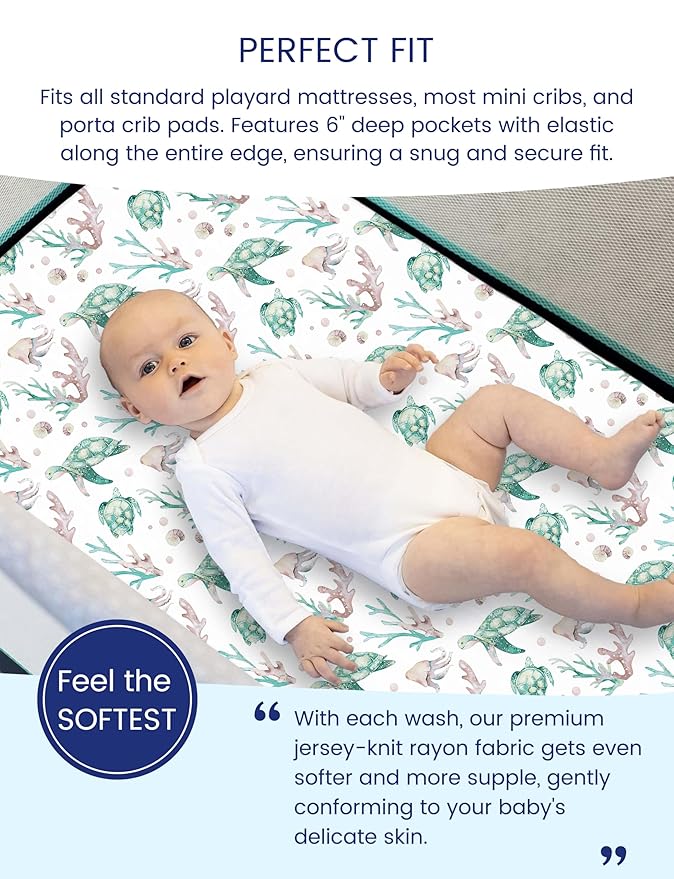TotAha Premium Soft Pack n Play Sheets, Super Stretchy Jersey Knit Mini Crib Sheets Fitted, Silky Comfort Pack and Play Mattress Sheets, 2 Pack (Sea Animal)