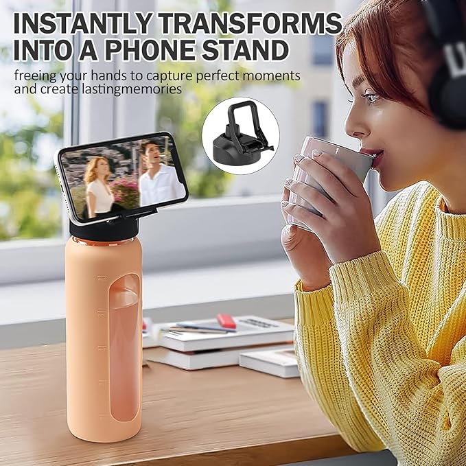 Glass Water Bottles with Straw -32oz- Water Bottle Phone Holder for Gym Large Motivational Water Bottle with Time Marker Glass Drinking Bottles 2 Lids - Spout & Bamboo Straw Lid(Amber)