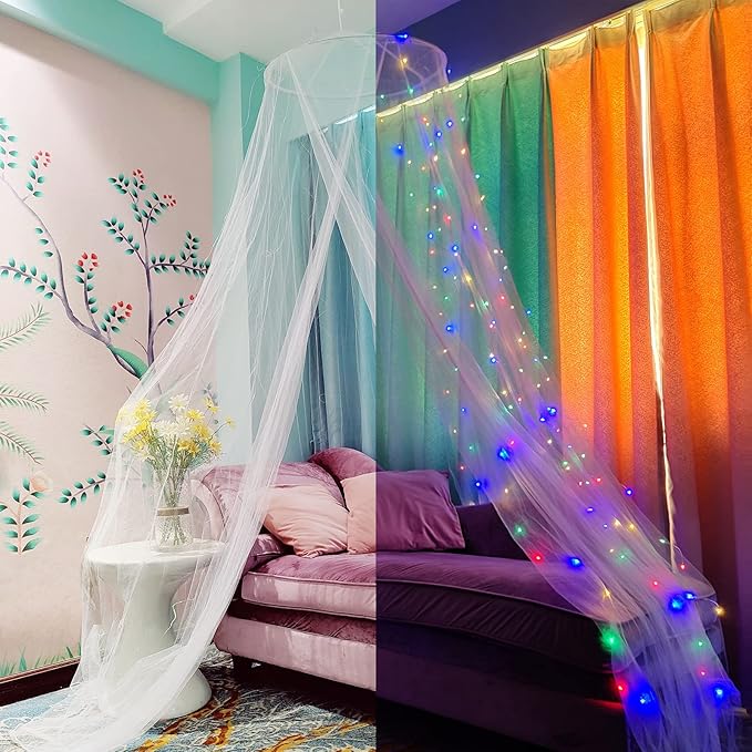 Eimilaly Bed Canopy Mosquito Net with 250pcs Colorful Curtain Lights, Bed Canopy for Girls Room Decor or Theme Party, White/Color Lights