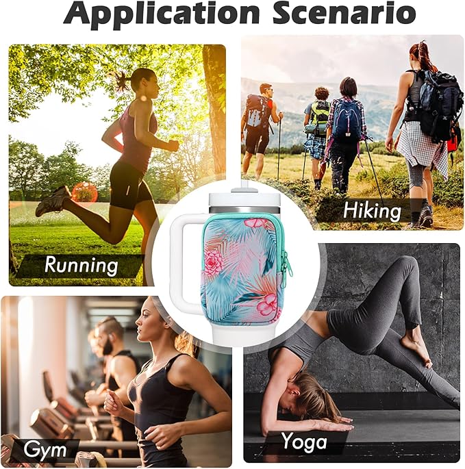 Water Bottle Pouch Cup Accessories for Women Quencher Adventure IceFlow 20oz 30oz 40oz Tumbler Pouch with Handle Running Pouch Bag for Cards Keys(Green Flower)