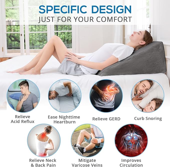 Sasttie Wedge Pillow for Sleep Apnea, 12 Inch Memory Foam Bed Wedge Pillow for Acid Reflux Relief, 30 Degree Triangle Incline Pillow Wedge for Sleeping with Removable Cover, Solid Deep Gray