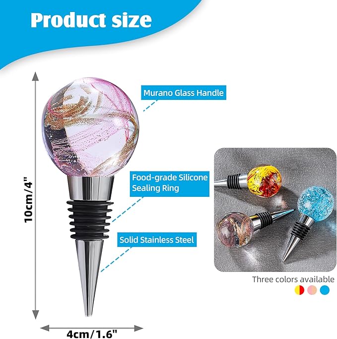 Murano Glass Wine Bottle Stopper Blown Glass Art Deco Ball, Reusable Wine Stoppers for Beverage Bottle Stoppers Decorative Bottle Stoppers for Gifts, Bar, Holiday Party, Wedding, Pack of 2