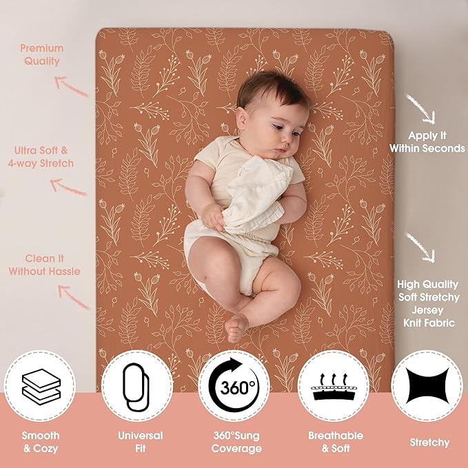 ACRABROS Crib Sheets for Girl Boy: Stretchy Baby Fitted Crib Mattress Sheets Sets 2 Pack Standard Size Ultra Soft Neutral, Fox&Leaf