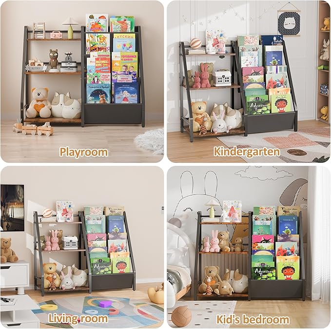 Kids Bookshelf and Toy Organizer, Book Shelf for Kids Rooms,2 in 1 Nursery Book Shelves, Toddler Bookshelf Montessori Bookshelf and Kids Book Shelf (Black)