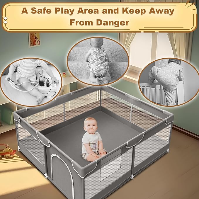 Baby Playpen 50 x 50 Inch Play Pen Playards, Playpen for Babies and Toddlers, Baby Playard for Indoor & Outdoor Active Center Game Fence, with Skin-Friendly Fabric and Soft Breathable Mesh Grey