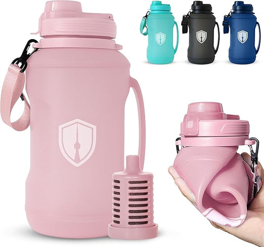 Collapsible Water Bottle for Traveling, Workout or Hiking 64oz Gen 2.0 - Motivational Water Bottle with Time Markings - Half Gallon / 2 L Capacity - BPA Free & Dishwasher Safe (Fruity Pink + Filter)