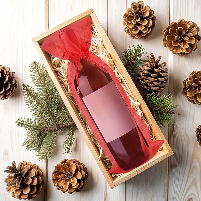 Megitzuu 20 Pieces Organza Wine Bags, 14.6 x 5.5 Inch Wine Gift Bag with Drawstring Sheer Mesh Wine Gift Pouches Bottle Covers for Halloween Christmas Wedding Party Favors (Red+Green)