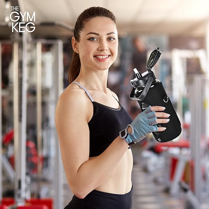 THE GYM KEG Water Bottle with Carrying Strap - Black, 74 oz Bottle Jug with Neoprene Sleeve - BPA-free - Food-Grade - Sweat & Leak Proof - Reusable Water Jug for Workouts, Jogging, Travel, Gym