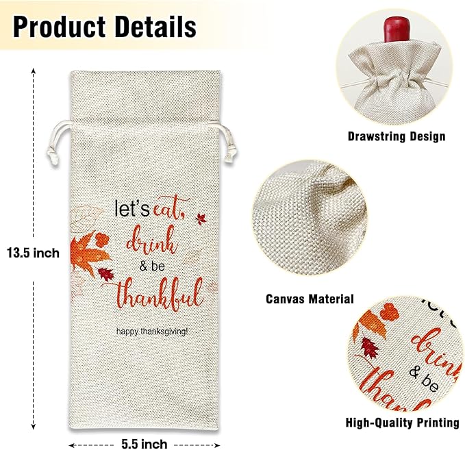 Wine Canvas Bag, Thanksgiving Wine Gift Bag, Thanksgiving Gift for Women Men Wife Friend Autumn Harvest Party Wine Bags for Wine Bottles, Wine Gifts With Drawstring Holiday Fall Party Decoration -WB35