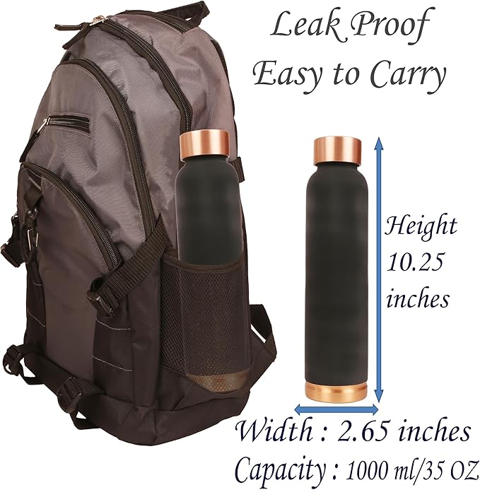 Pure Copper Water Bottle - Handcrafted - Ayurveda Health Benefits - 33 OZ - Leak proof - Easy to carry for Sports, Fitness, Yoga, School - Jet Black Matte Finish Vintage Enamel.