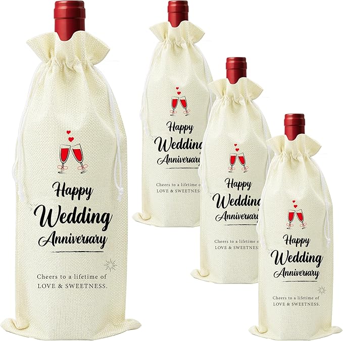 Omoojee 4 Pcs Wedding Anniversary Wine Bag, Couple Gift for Married Anniversary, Flax Drawstring Wine Bag