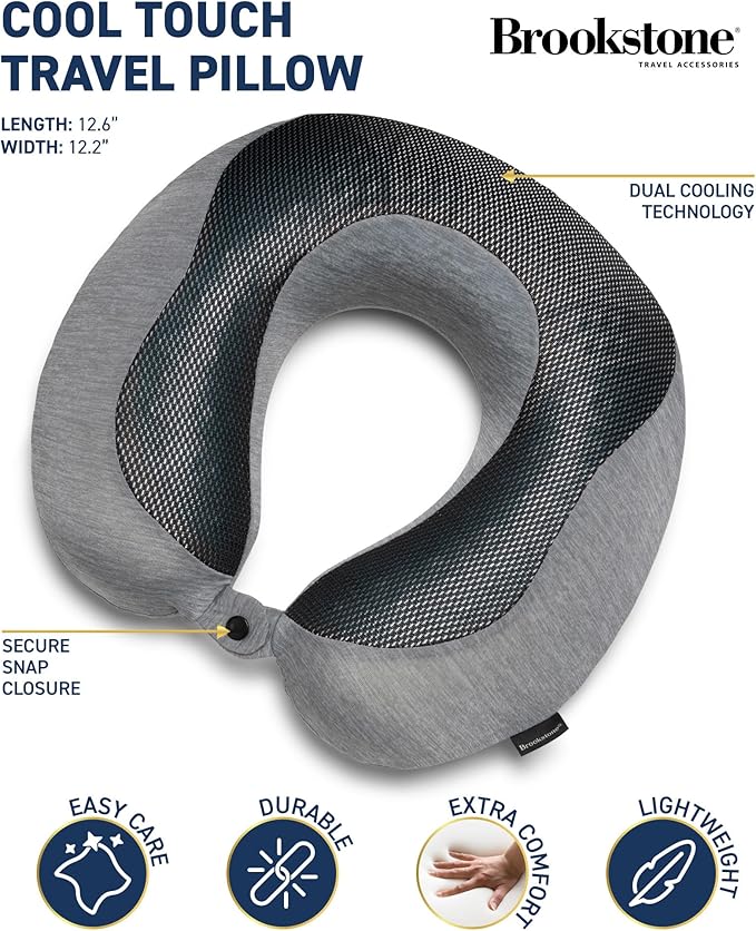 Brookstone Cool Touch Memory Foam Head and Neck Travel Pillow for Vacations, Airplanes, Trains, Buses, and Cars, Size One Size, Dark Grey
