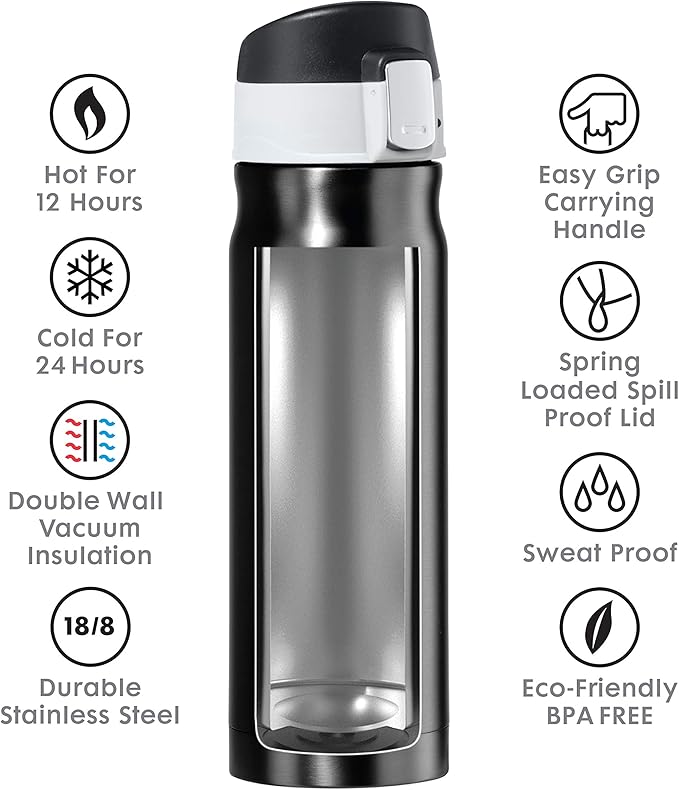 OGGI Caliber Stainless Steel Travel Water Bottle- Insulated Coffee Mug, Metal Water Bottle, Sports Bottle, Water Flask, Travel Bottles, 17oz, Black