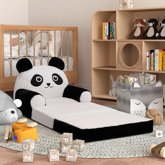 Kids Sofa Chair for Toddler, 2-in-1 Folding Soft Baby Couch with Removable Cover, Comfy Plush Children's Recliner, Convertible Floor Sofa Bed to Lounger for Girls Boys Age 1-3,Panda