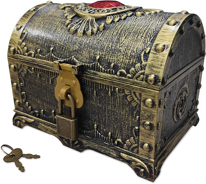 Kids Pirate Treasure Chest Storage Box,Red Rhinestone Inlaid Top Decorative Pirate Chest with Lock and Key for Kids Birthday,Halloween, Christmas Pirate Party Favors