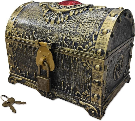 Kids Pirate Treasure Chest Storage Box,Red Rhinestone Inlaid Top Decorative Pirate Chest with Lock and Key for Kids Birthday,Halloween, Christmas Pirate Party Favors