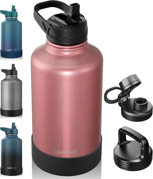 CIVAGO 64 oz Insulated Water Bottle With Straw, Half Gallon Stainless Steel Sports Water Flask Jug with 3 Lids (Straw, Spout and Handle Lid), Large Metal Thermal Cup Mug, Rose Gold