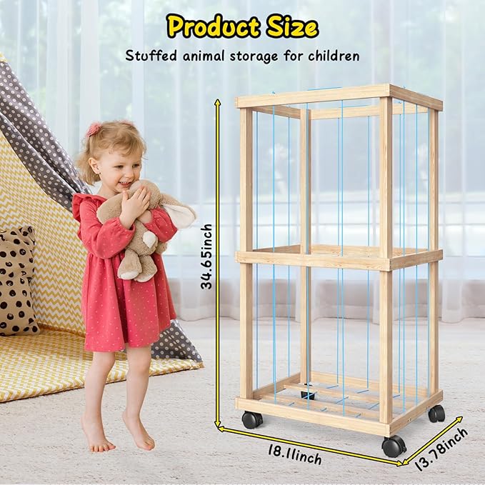 Stuffed Animal Zoo Storage Cage 35" Wood Large Stuffed Animal Storage Basket, PatioDeco Toy Storage for Big Small Stuffed Animals, Large Toy Organizer Holder for Kids Girls Boys