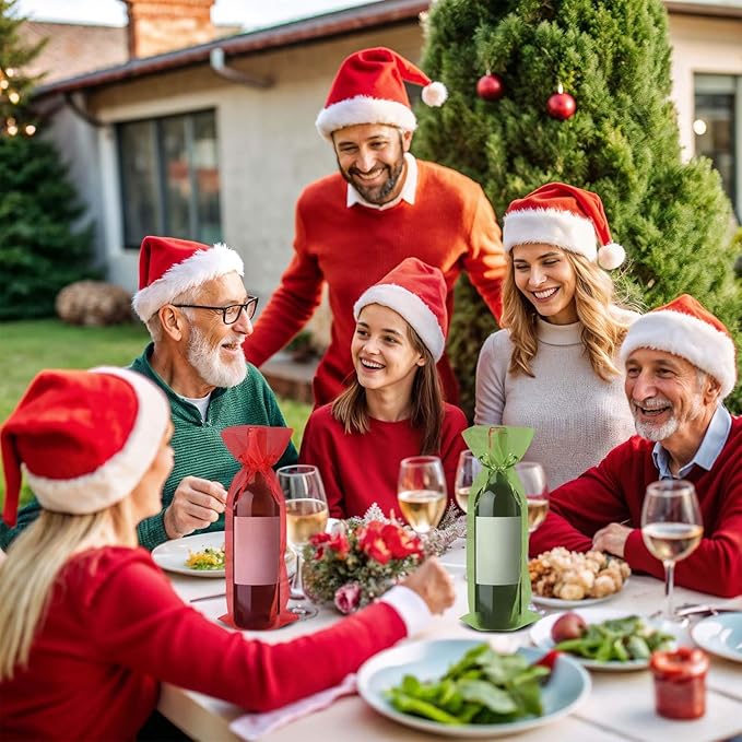 Megitzuu 20 Pieces Organza Wine Bags, 14.6 x 5.5 Inch Wine Gift Bag with Drawstring Sheer Mesh Wine Gift Pouches Bottle Covers for Halloween Christmas Wedding Party Favors (Red+Green)