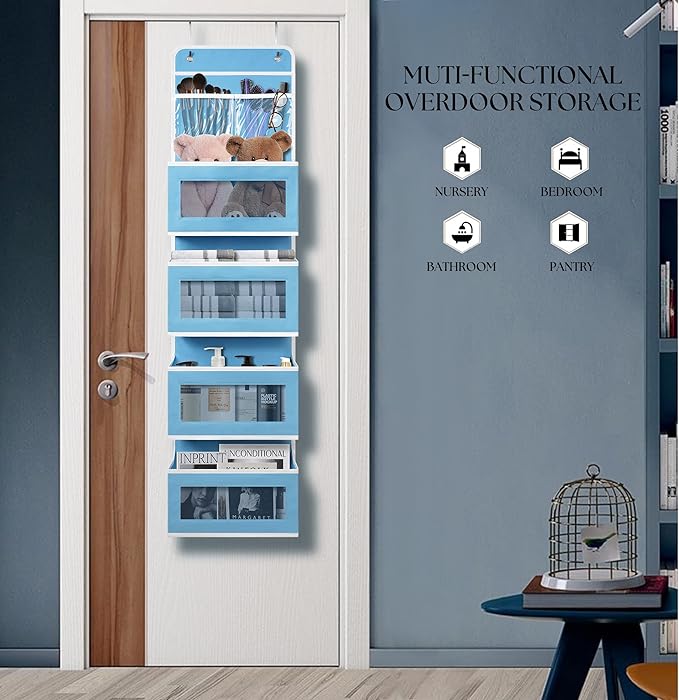 Heavy Duty Over Door Organizer, Wall Mount Hanging Organizer Storage with 4 Large Capacity Pockets, Closet Bathroom Nursery Bedroom Dorm, Toys Cosmetics Sundries and Baby Essentials, Blue