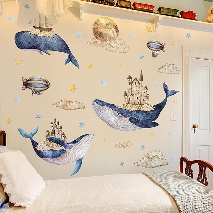Removable Vinyl Whale Wall Decal Sea Life Wall Sticker Decor Nursery Kidsroom School Classroom Livingroom Bedroom Bathroom Coastal Ocean Fish Murals Decals
