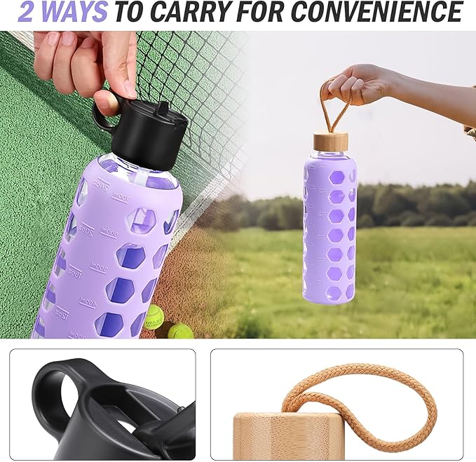MUKOKO Glass Water Bottles, 32oz Glass Tumbler, Drinking Bottles with 2 Lids-Handle Flip Straw Lid&Bamboo Lid, Motivational Water Bottle with Time Marker and Silicone Sleeve, Leakproof-1 Pack-Purple