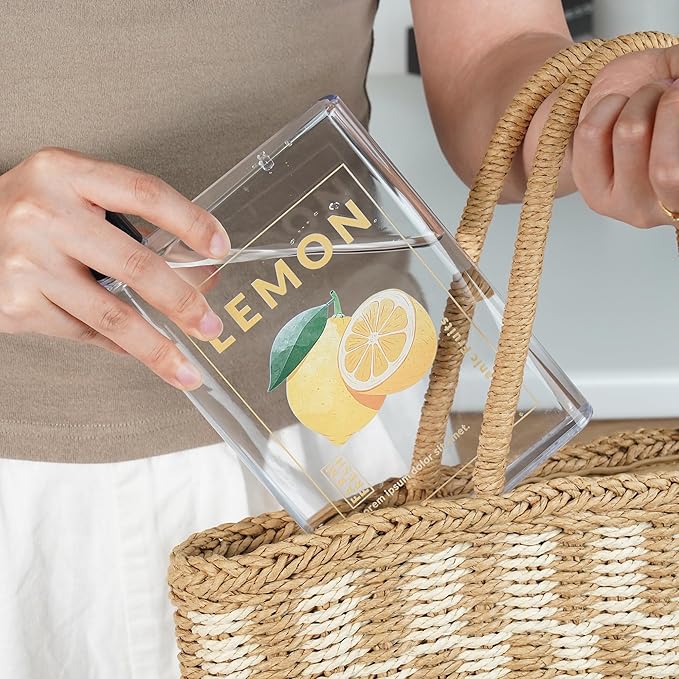 Flat Water Bottle 420ml,Plastic Portable Flat Water Bottle for Purse,Square Water Bottle Flat for Sports Gym Fitness Outdoor,Lemon