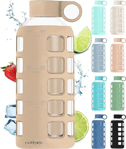 purifyou Premium Glass Water Bottles, 40/32 / 22/12 oz Reusable Drinking Bottle with Time & Volume Markings Silicone Sleeve & Stainless Steel Lid for Water, Coffee, & Fruit Juice (22oz Iced Coffee)