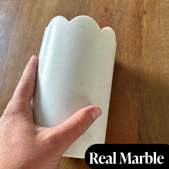 Scalloped Marble Wine Chiller - 750ml Wine Bottle Cooler & Chiller for Party, Bar Cart & Kitchen Decor Keeps Wine & Bottle Cold - Multi-Purpose Marble Utensil Holder for Kitchen Counter