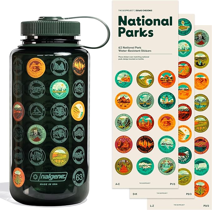 National Parks Plastic Water Bottle with Stickers Kit, Light Weight Adventure Bottle, Waterproof Stickers for Water Bottle, Wide Mouth Lid Bottle 32oz