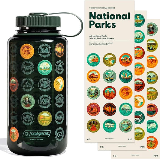 National Parks Plastic Water Bottle with Stickers Kit, Light Weight Adventure Bottle, Waterproof Stickers for Water Bottle, Wide Mouth Lid Bottle 32oz