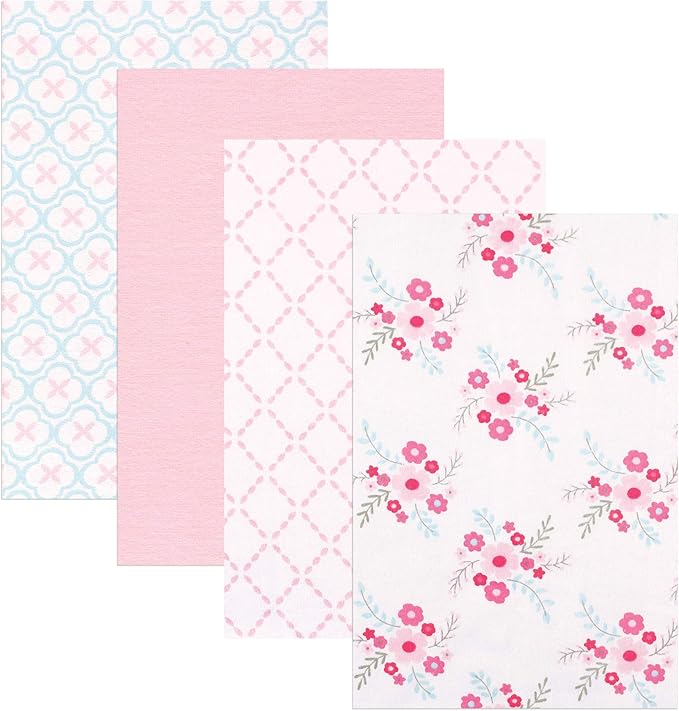 Luvable Friends Unisex Baby Cotton Flannel Receiving Blankets, Floral 4-Pack, One Size