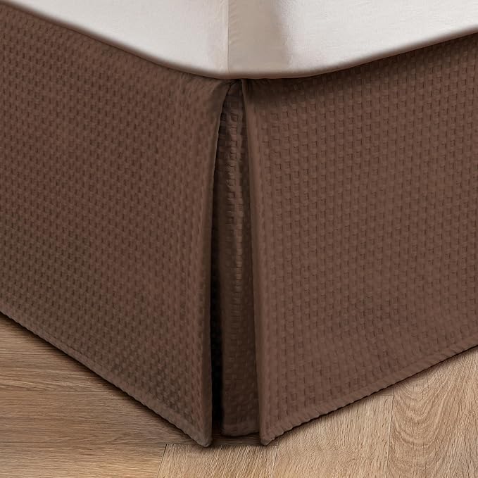 MIYE Pleated Waffle Weave Bed Skirt, Tailored Dust Ruffle 16 Inch Drop Easy Fit, Machine Washable (Brown, Twin - 16" Drop)