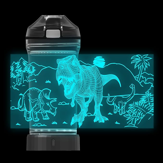 Boy Water Bottles for School, Cool Velociraptor Dinosaur Night Light for Room Decor, Tritan BPA Free Travel Cup for Back to School Girls Child Holiday Camping Picnic - 14 Oz