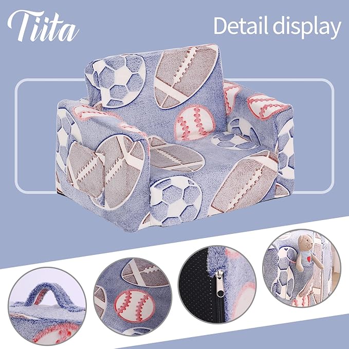 Tiita Kids Sofa, 2-in-1 Kids Sofa Chair, Convertible Children Couch to Lounger, Flip Out Kids Sofa Chair, Toddler Armrest Chair Bed, Folding Kids Play Sofa for Girl or Boy(Ball)