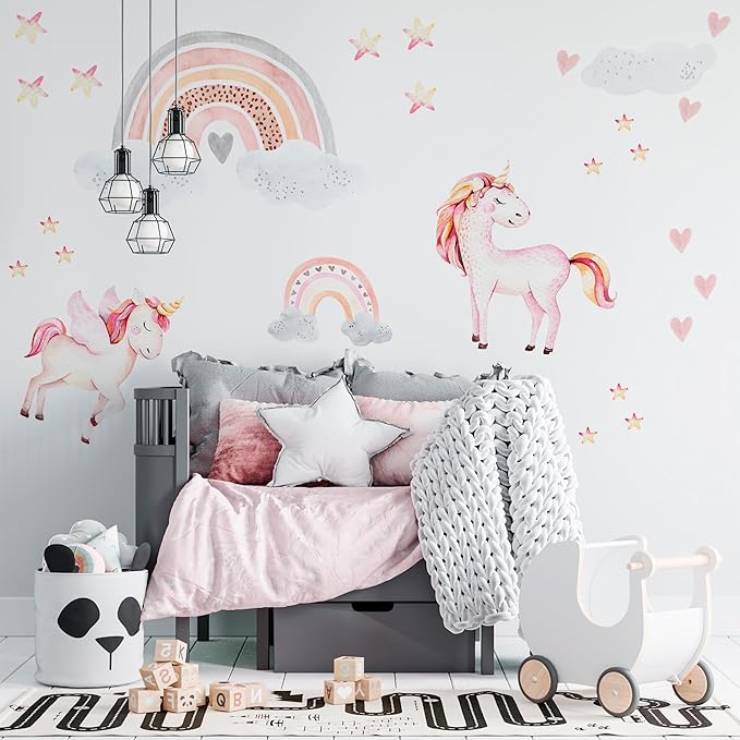 Large Rainbow Wall Decals by Lipastick - 132 pcs Rainbow Wall Stickers - Unicorn Wall Decals for Kids Bedroom Room Nursery – Kids Wall Stickers Cloud Stars Ponies - Waterproof Wall Art Décor L Size