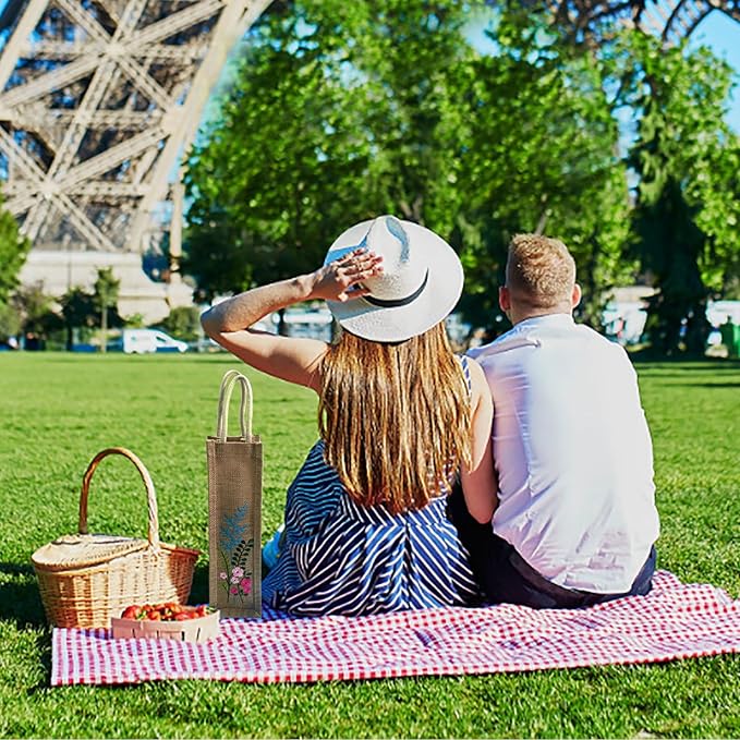 Embroidery Burlap Wine Bags, Reusable Bottle Bag for Picnic Wedding Beach Party Birthday Christmas Holiday Travel Home Storage