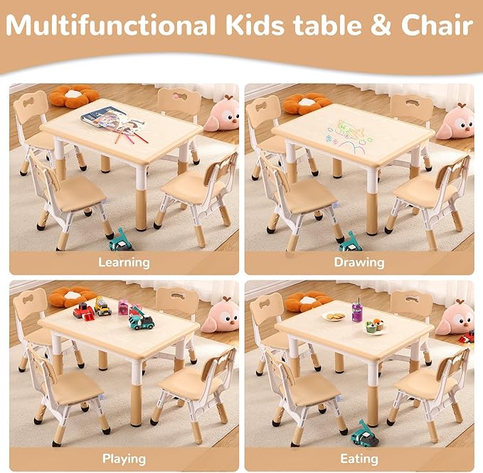 Kids Table and Chairs Set, Height Adjustable Desk With 4 Seats for Ages 2-10,Arts & Crafts Table,Graffiti Desktop, Non-Slip Legs, Max 300lbs, Children Multi-Activity Table for Classrooms,Daycares,Home