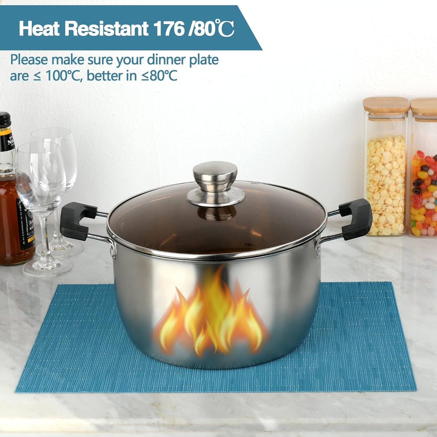 Vinyl Placemats Set of 8 - Washable Easy Clean Place Mats - Heat Resistant PVC Table Placemats - Table Mats for Dining Table 17x12 Inch (Sky Blue Turquoise, 8)