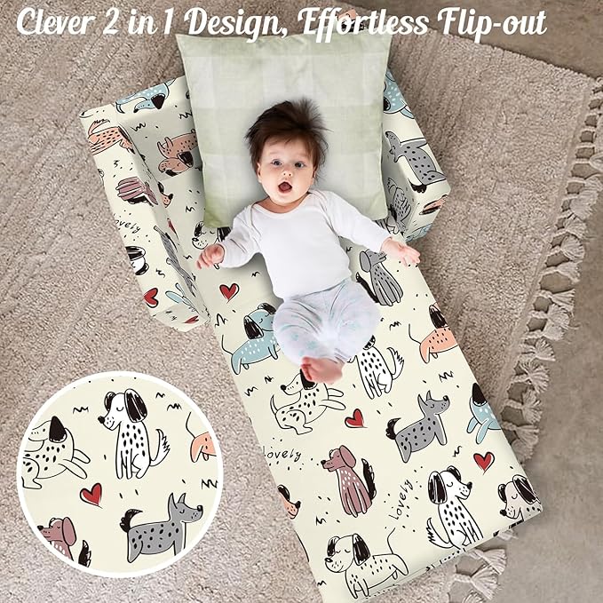 Kids Couch, 2-in-1 Convertible Sofa to Lounger, Comfy Flip-Out Couch Chair/Sleeper Bed for Toddler Boys and Girls (Beige-Dog)