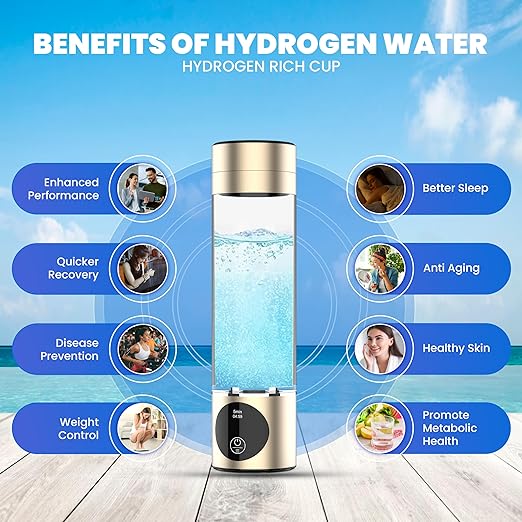 Gold Hydrogen Water Bottle Generator- [+3000-5000PPB] Latest Generation Hydrogen Generator Water Bottle with LED Display & Extended Battery Life- Compact, Portable (Gold)