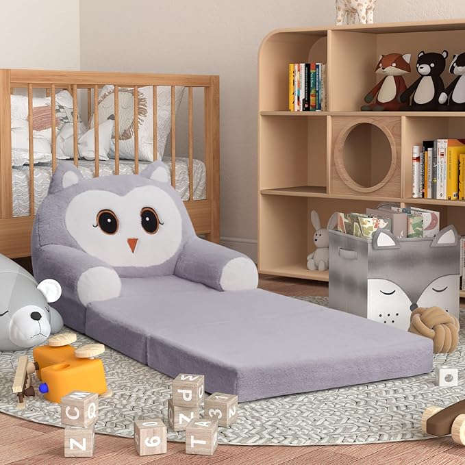 Kids Sofa Chair for Toddler, 2-in-1 Folding Soft Baby Couch with Removable Cover, Comfy Plush Children's Recliner, Convertible Floor Sofa Bed to Lounger for Girls Boys Age 1-3,Owls Grey