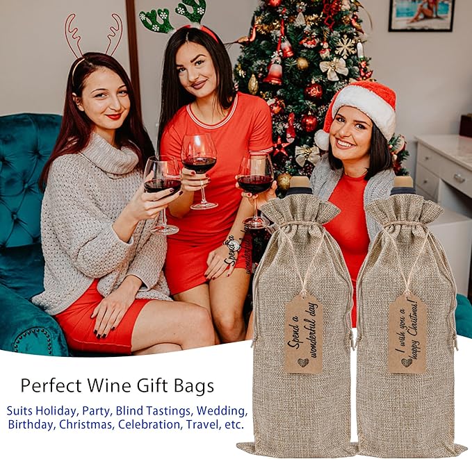 EVRWO Burlap Wine Bags 12 Pcs Wine Bottle Gift Bags Reusable Gift Bags With Drawstrings Tags & Ropes for Holiday Weedings Party, Birthdays, Travel, Blind Tastings, Home Storage 750ml (Natural)