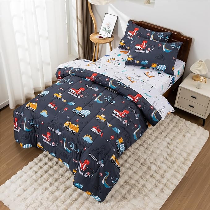 Meeting Story Construction Truck Car Twin Kid Comforter Set for Boys,5 Pieces Dinosaur Bedding Set with Sheets and Pillowcases，Excavator Lightweight Microfiber Bedding Sets（Grey，Twin5pcs）